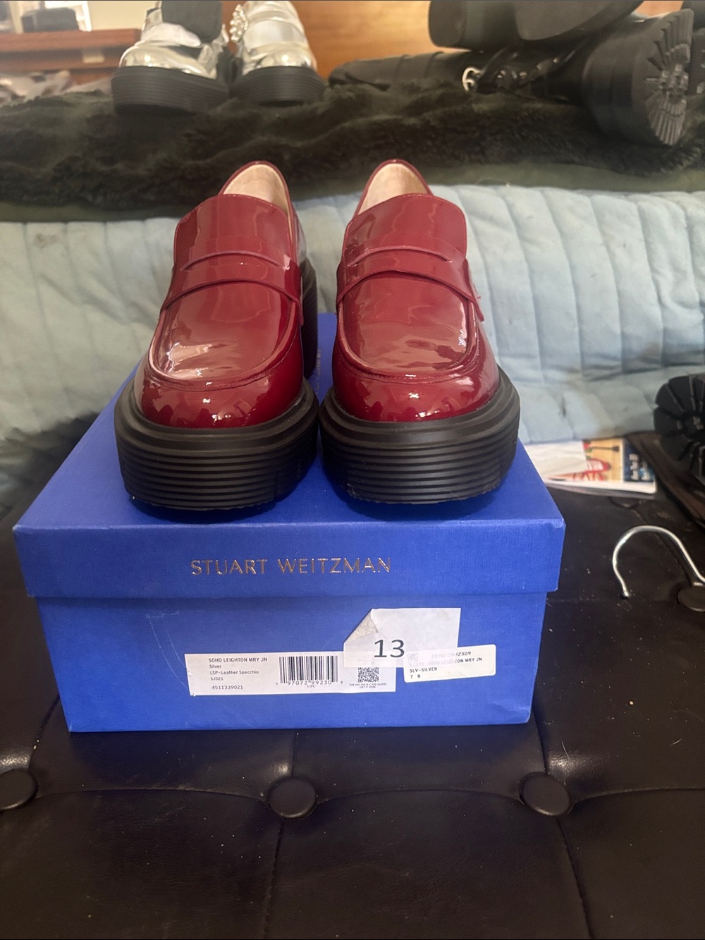Stuart Weitzman Patent Burgundy Platform Penny Loafers